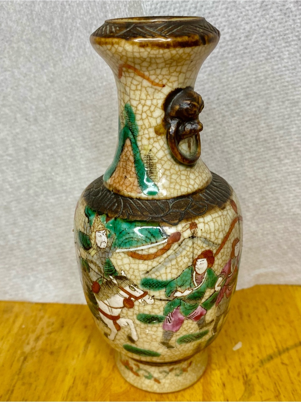 Antique Style Crackle Glaze Famille Verte Oriental Vase - Green & Brown Accents